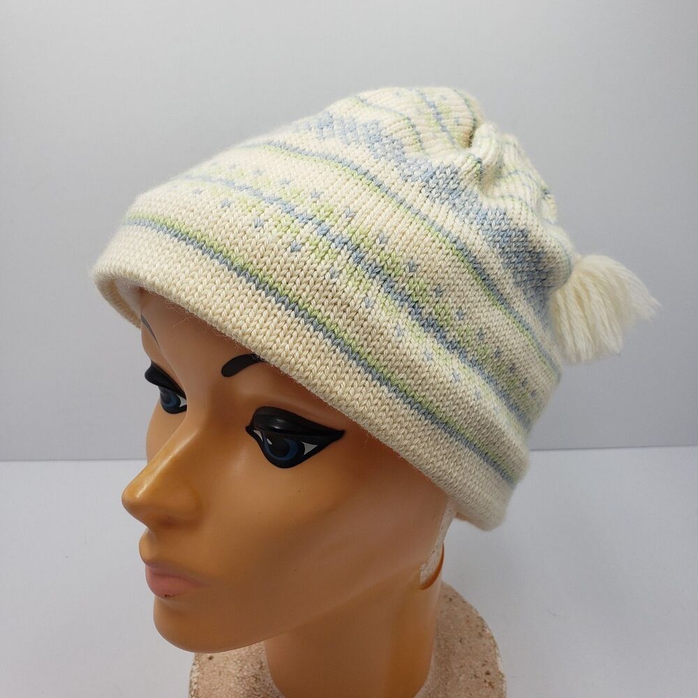 Turtle Fur Beanie Hat Womens Ivory Fair Isle Fleece Lined Wool Blend Tassel Cap